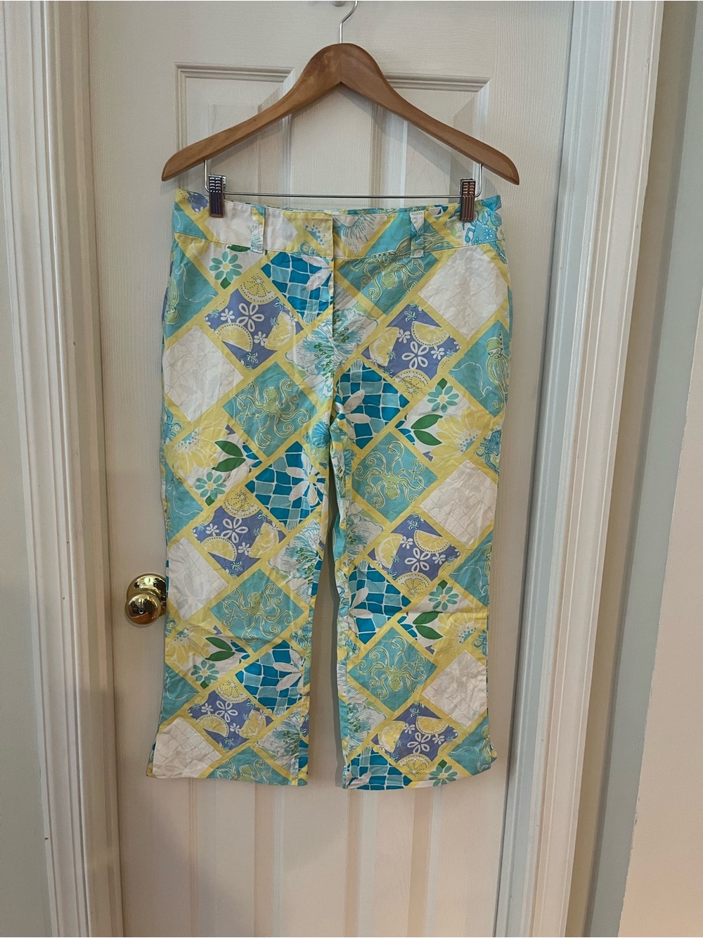 Lilly Pulitzer Girls Patchwork Crop Pants - Yellow, Aqua & Blue